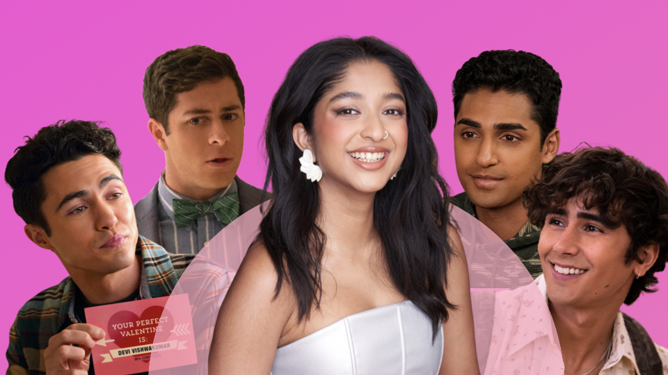 Maitreyi Ramakrishnan from Netflix's Never Have I Ever, with her boyfriends Paxton, Ben, Desi and  Ethan