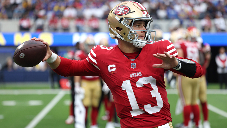 INGLEWOOD, CALIFORNIA - SEPTEMBER 17: Brock Purdy #13 of the San Francisco 49ers warms up during a timeout in a 30-23 49ers win over the Los Angeles Rams at SoFi Stadium on September 17, 2023 in Inglewood, California. (Photo by Harry How/Getty Images)