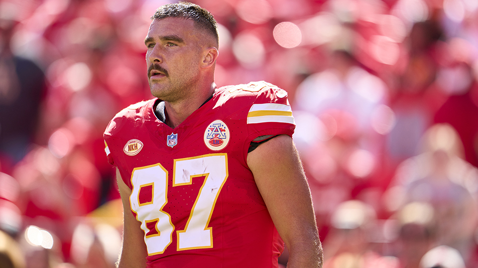 KANSAS CITY, MO - SEPTEMBER 24: Travis Kelce #87 of the Kansas City Chiefs looks on before kickoff against the Chicago Bears at GEHA Field at Arrowhead Stadium on September 24, 2023 in Kansas City, Missouri. (Photo by Cooper Neill/Getty Images)