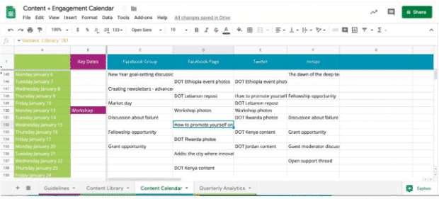 Digital Opportunity Trust’s internal social media content calendar for social media calendar example by recurpost as best social media scheduling tool