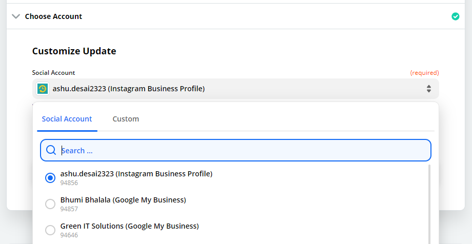 select your Instagram profile from list of how to post on instagram via zapier by recurpost as best social media scheduling tool