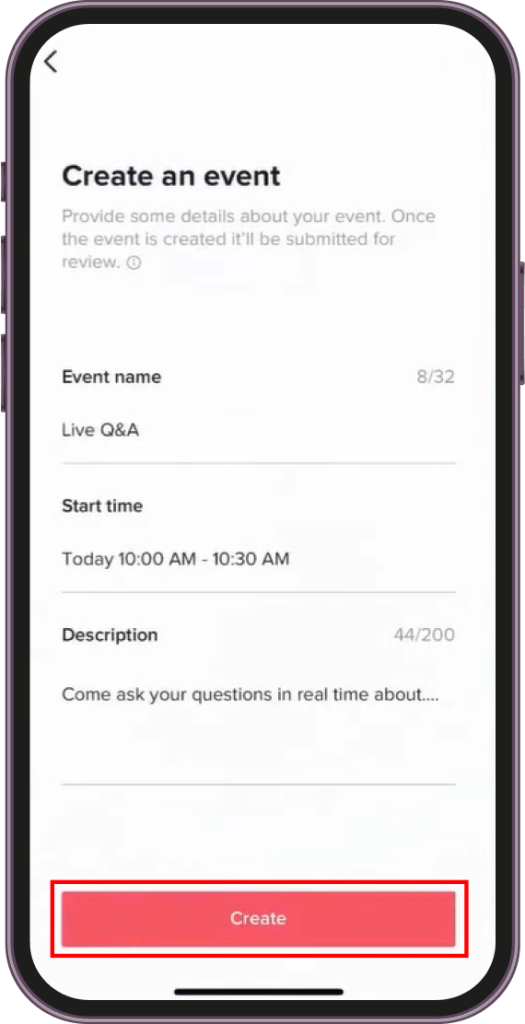 Click on Create button to schedule tiktok live
