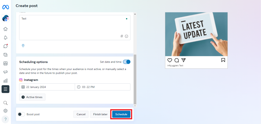 Click on the schedule button to schedule instagram post without third party app.