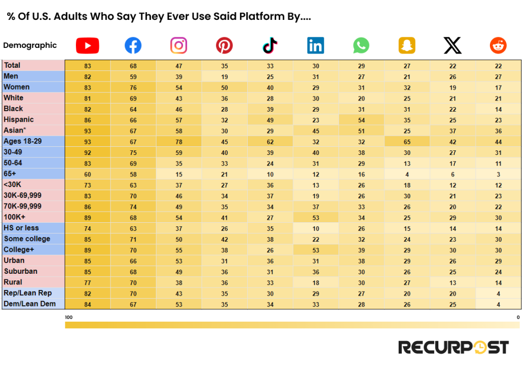 Demographics of US adult social media users 