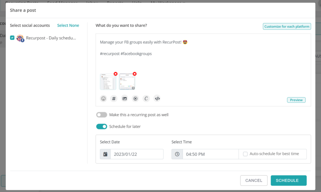 how to schedule facebook group posts recurpost