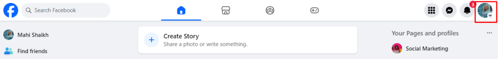 top right corner of Facebook in desktop