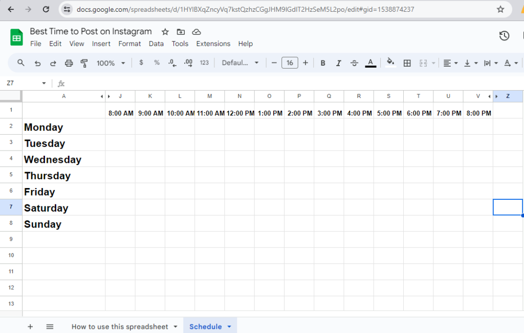 Create a spreadsheet that has Days and Hours of the days inside it.