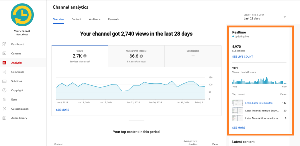 Navigate to the Realtime stats to get hold of your engagement.