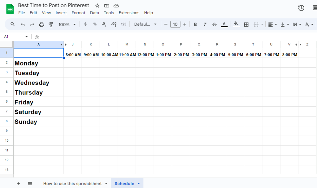 Spreadsheet representing days of the week and hours of the day.
 