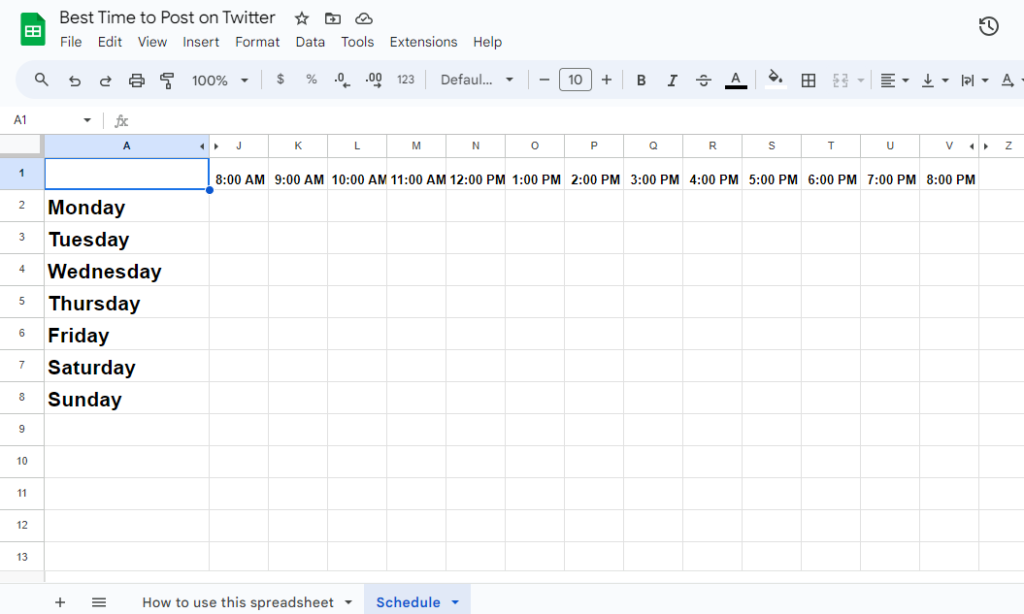 Create a spreadsheet with days of the weeks and hours to find your best time to post on Twitter.