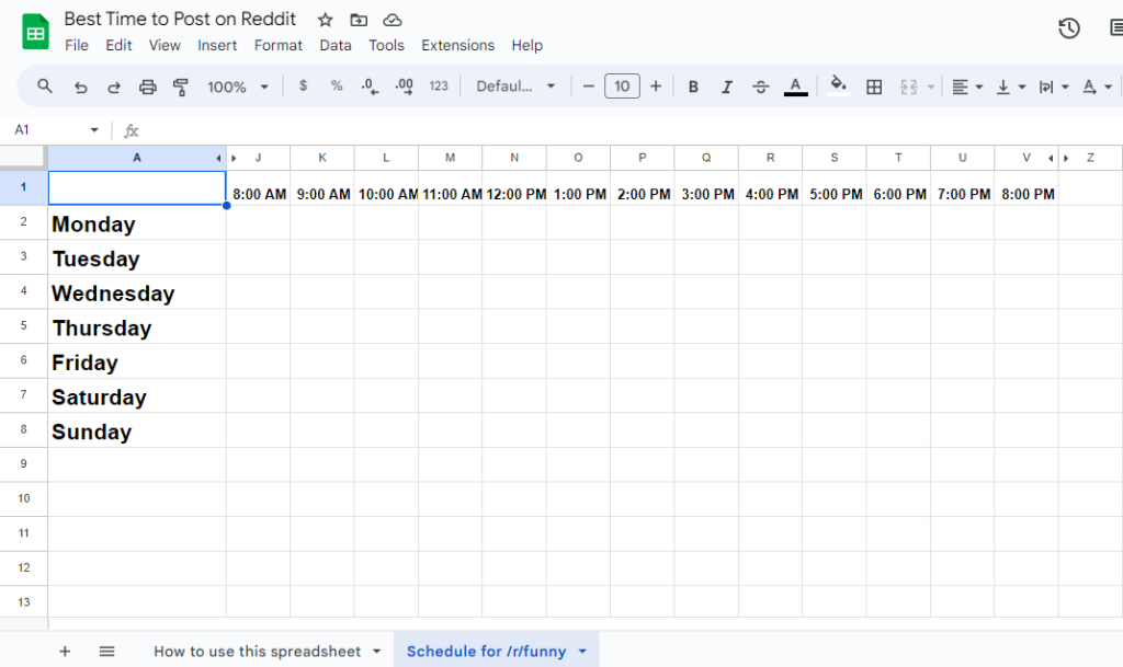 Spreadsheet representing the days of the week and hours of the day.