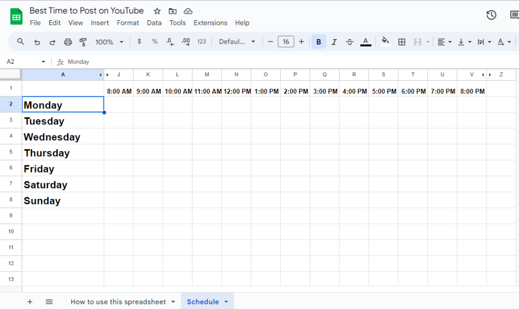 Spreadsheet representing the days of the week and hours.