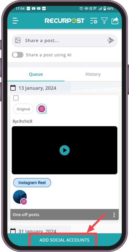Tap on add social account to start scheduling Instagram reels.